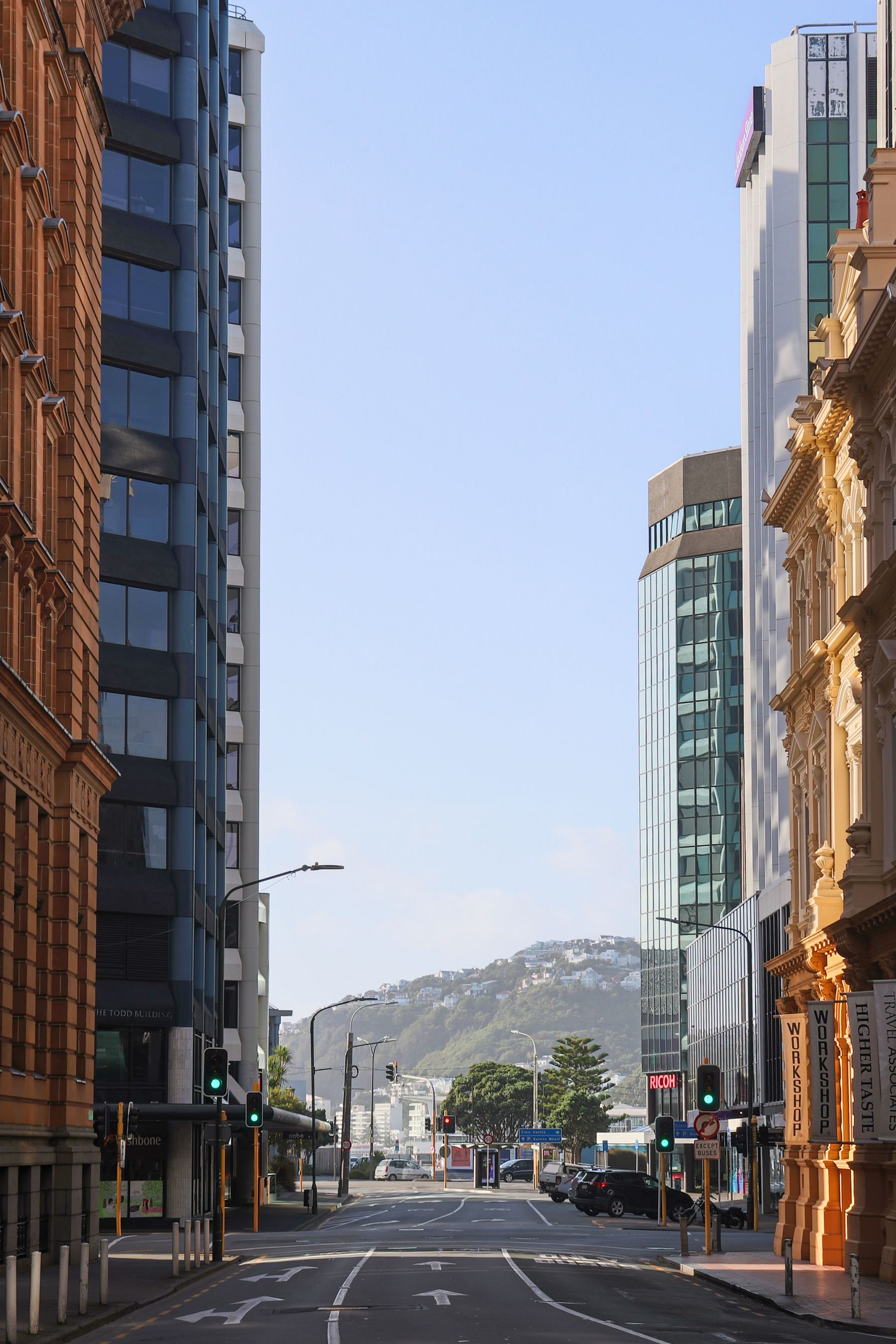 Central Wellington street framed by the New Zealand capital's urban architecture