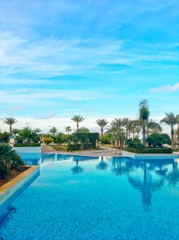 Stunning view of infinity pool surrounded by lush palm trees and vibrant blue sky.