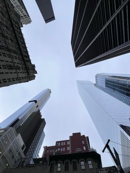 Unique perspective of city skyscrapers reaching into the sky.