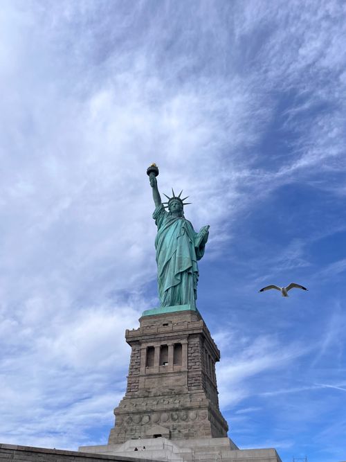 Free Iconic Statue of Liberty with a seagull flying nearby, clear blue sky backdrop. Stock Photo