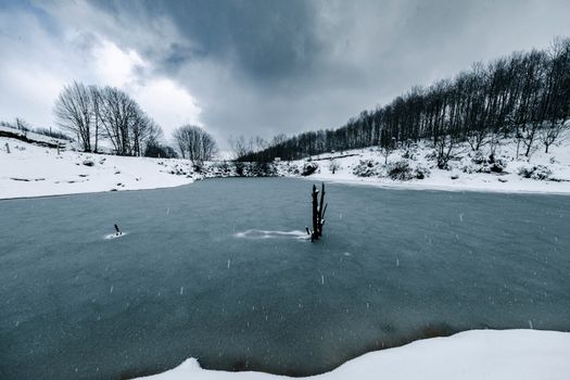A calm frozen lake surrounded by snow-covered trees under a dramatic sky in winter.