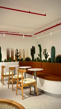 Modern cafe with cactus decor and minimalist furniture.