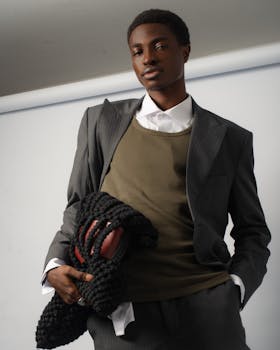 Young male model in a tailored suit during a fashion photoshoot in Lagos, Nigeria.