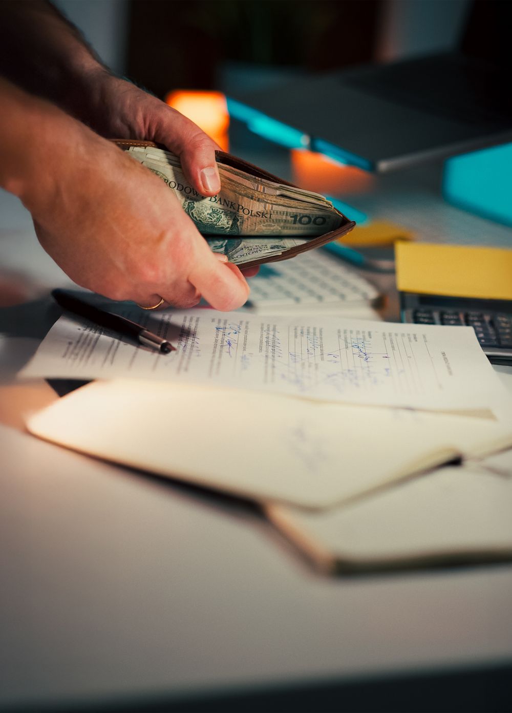Cash and financial documents on a desk