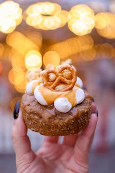 Close-up of a gourmet dessert with pretzel and marshmallow topping, perfect for foodie enthusiasts.