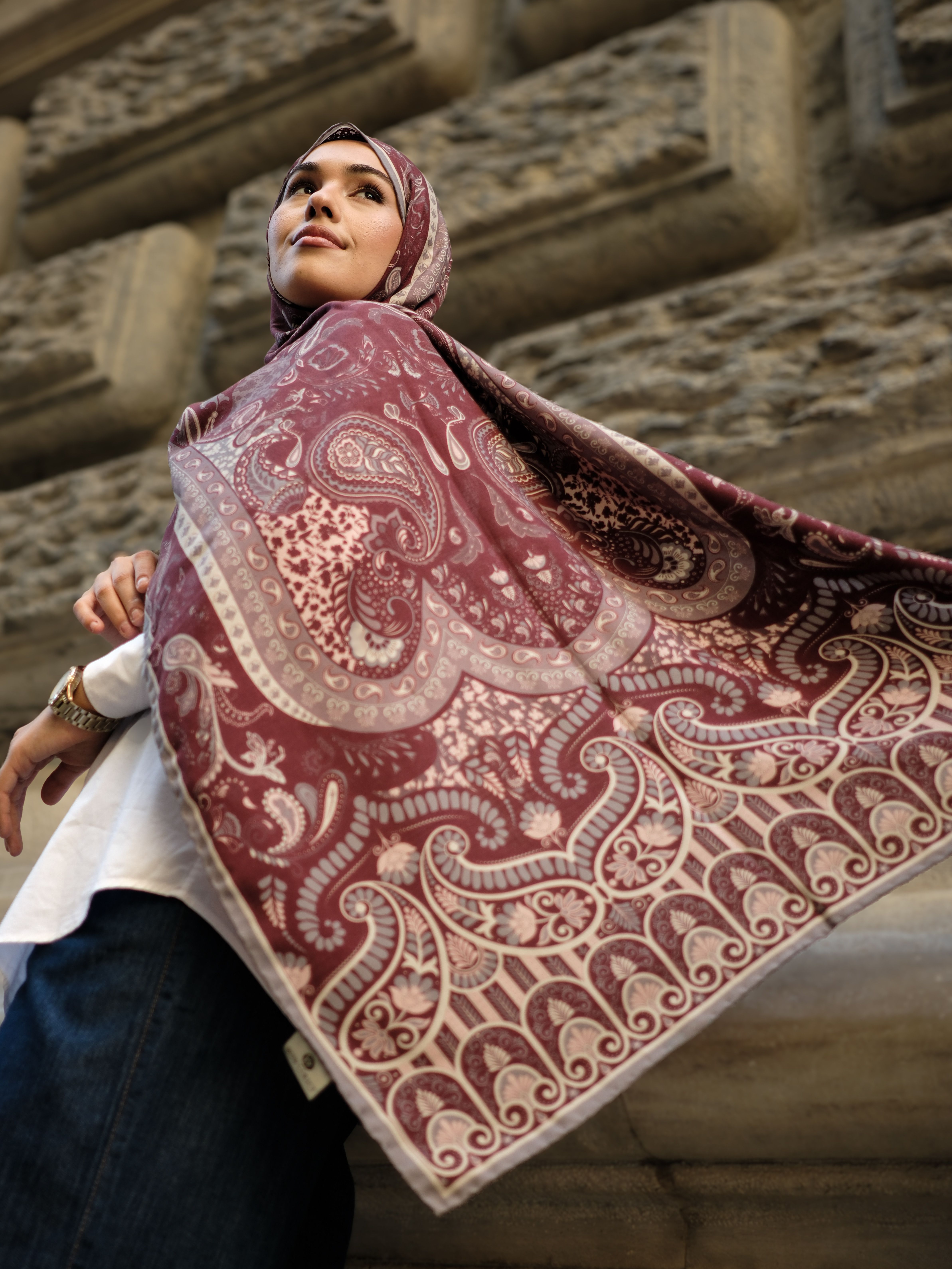 Elegant Woman in Paisley Hijab Standing Outdoors · Free Stock Photo