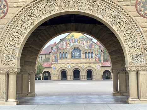 A detailed view through an ornate archway at the Memorial Church on Stanford University's campus.