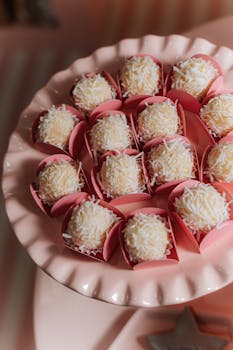 Assorted brigadeiros covered in coconut, elegantly displayed on a pink platter for a birthday celebration.