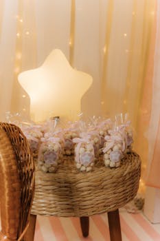 Star-shaped light with party favors on a wicker table creates a magical birthday setting.