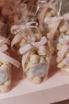 Chic birthday party favors wrapped in pink ribbons and cellophane, perfect for elegant celebrations.