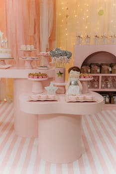 Festive pink and white themed children's birthday party decorations with sweets and doll figurine.