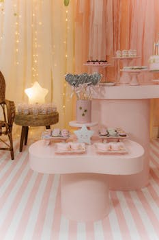 A beautifully decorated pastel pink birthday party setup with sweets and decor elements.