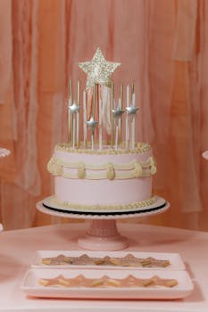 A pink birthday cake adorned with star decorations, perfect for a festive celebration.
