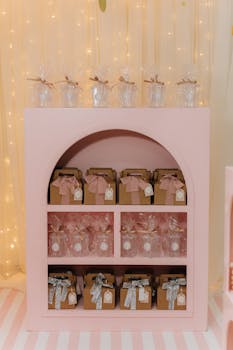A pink shelf adorned with birthday gift boxes and delicate fairy lights, perfect for celebrations.