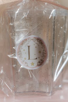 Elegant gift packaging featuring a decorative initial L with stars and floral design.
