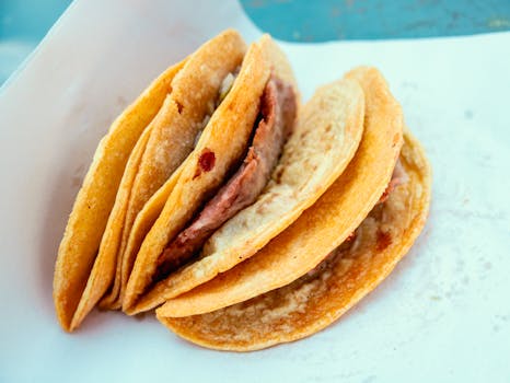 Three folded tacos with meat filling placed on a white surface, showcasing their golden texture.