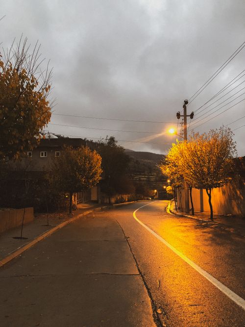 Free A tranquil autumn street scene illuminated by warm streetlights under a cloudy sky. Stock Photo