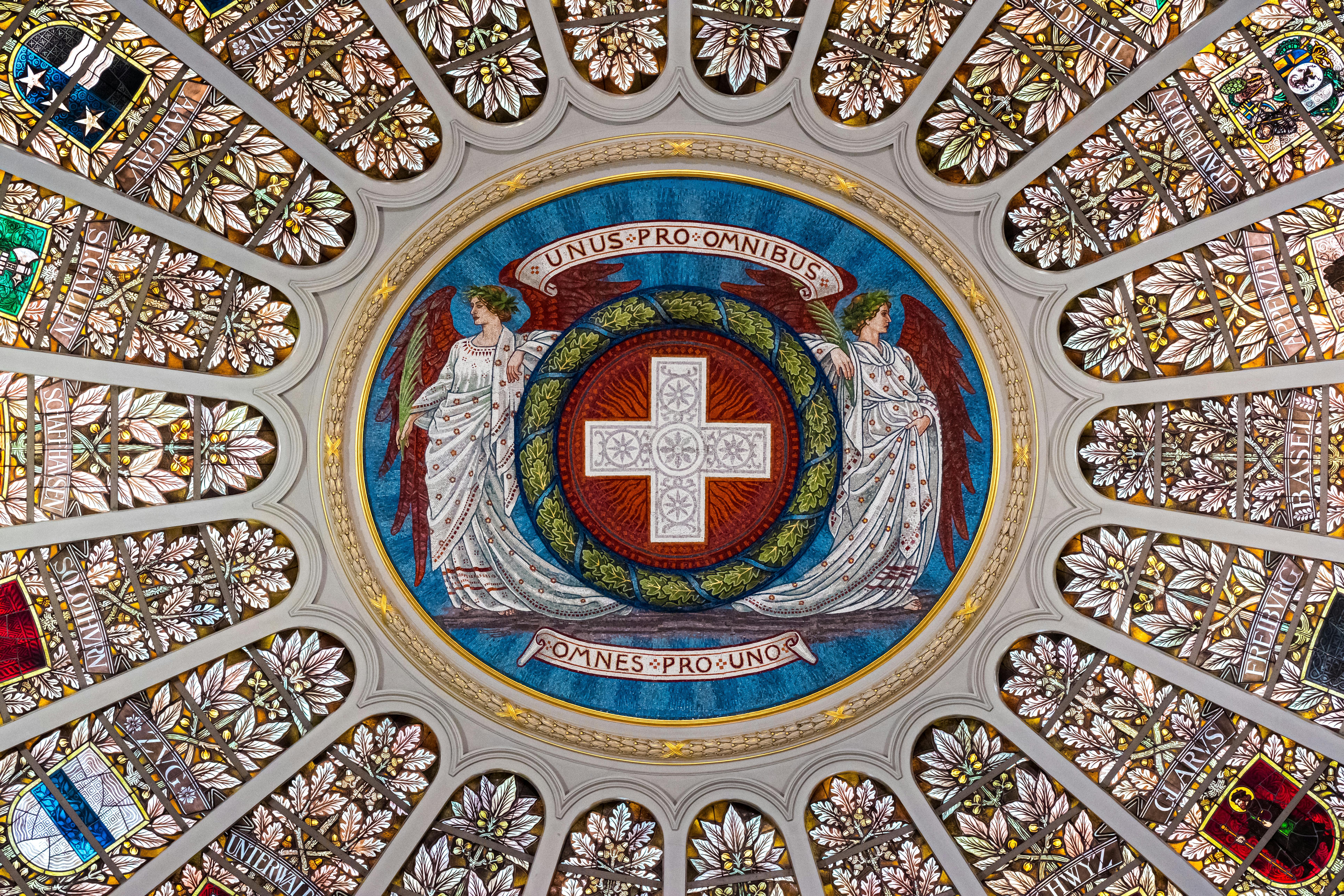 Ornate stained glass ceiling in the Swiss Federal Palace, Bern.