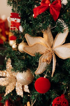A beautifully decorated Christmas tree adorned with various ornaments and festive decorations.