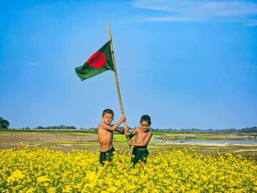Free Two boys in a vibrant mustard field hold the Bangladesh flag under a clear blue sky. Stock Photo
