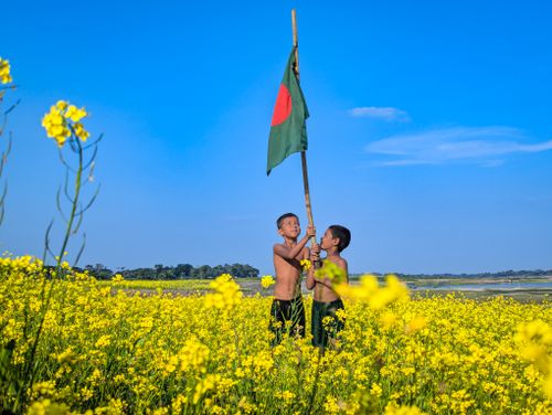 Free Two children holding a flag in a vibrant mustard field under a clear blue sky. Stock Photo