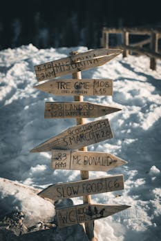 A wooden signpost with directions in a snowy mountain setting, under bright daylight.