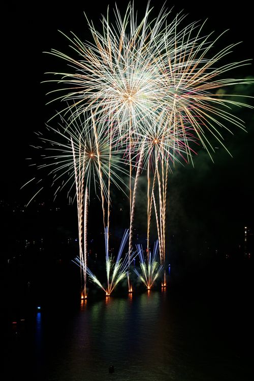 Free Colorful fireworks explode over water, lighting up the night sky. Stock Photo