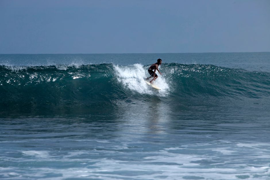 A surfer skillfully navigating a wave on a sunny beach day, showcasing adventure sports.