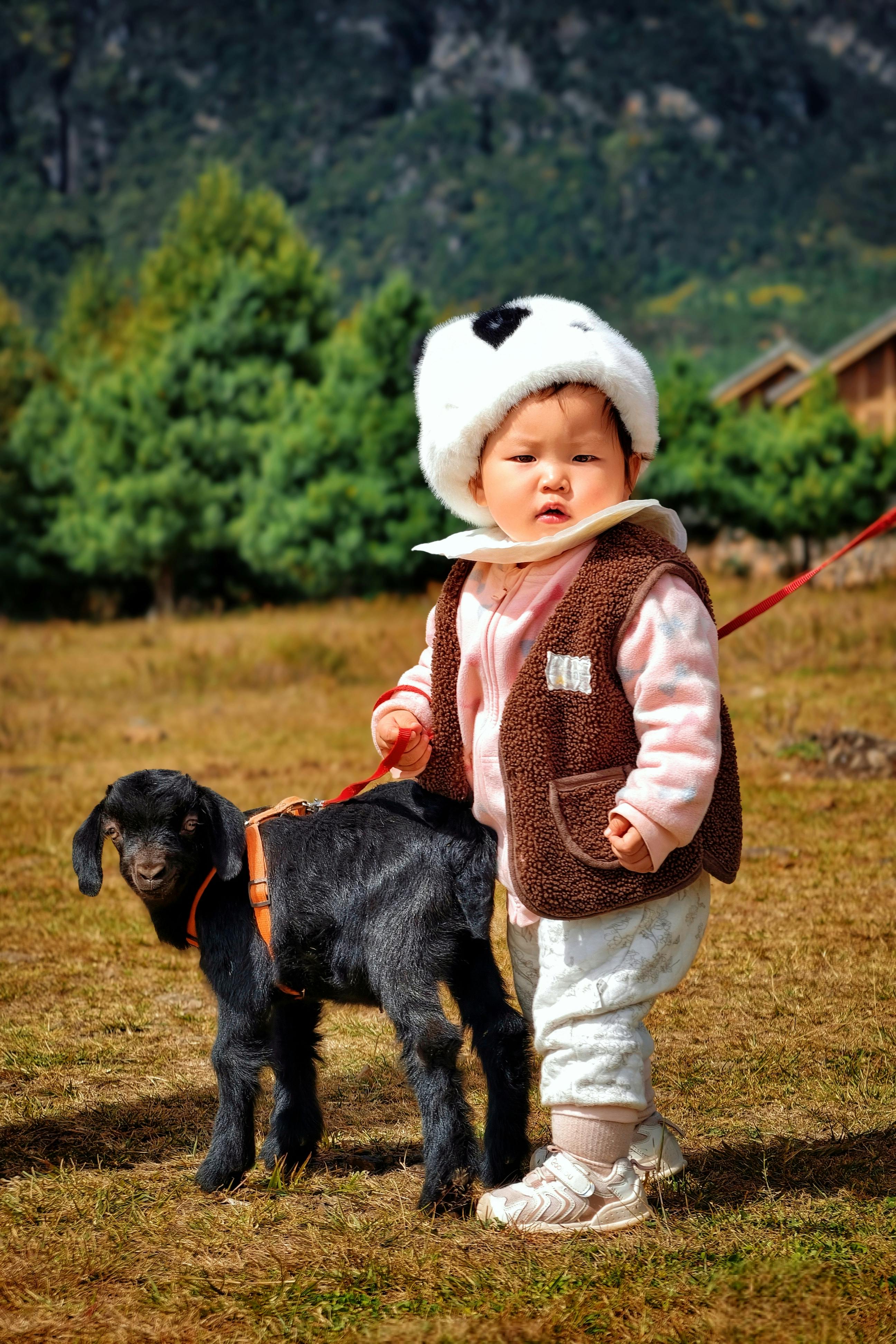 Cute baby with goat outdoors in fall, wearing a panda hat and enjoying nature.