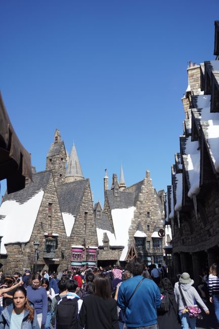 Snow-dusted rooftops of Hogsmeade Village inside the Wizarding World of Harry Potter at Universal Studios Japan