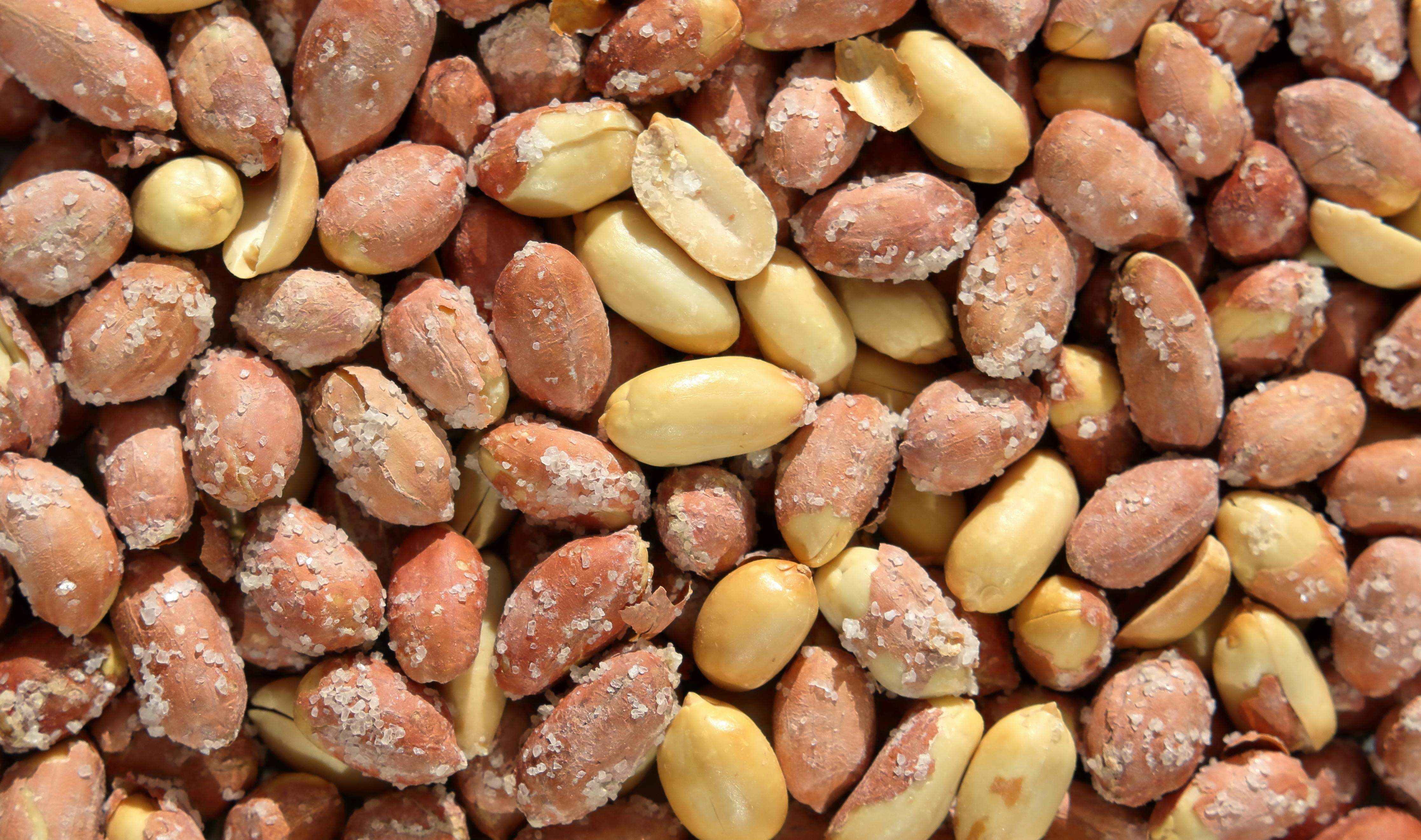 A detailed close-up photograph of salted peanuts with shells, showcasing texture.