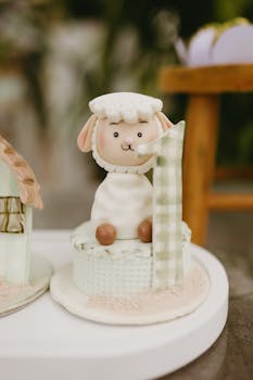 Adorable sheep-themed cake topper for a child's birthday celebration.