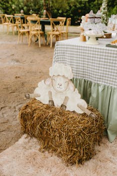Charming birthday party setup outdoors featuring a sheep decoration on hay bales with a festive cake table.