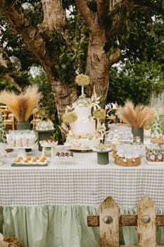 Beautifully set outdoor rustic-themed birthday celebration with cake and decorations under a tree.