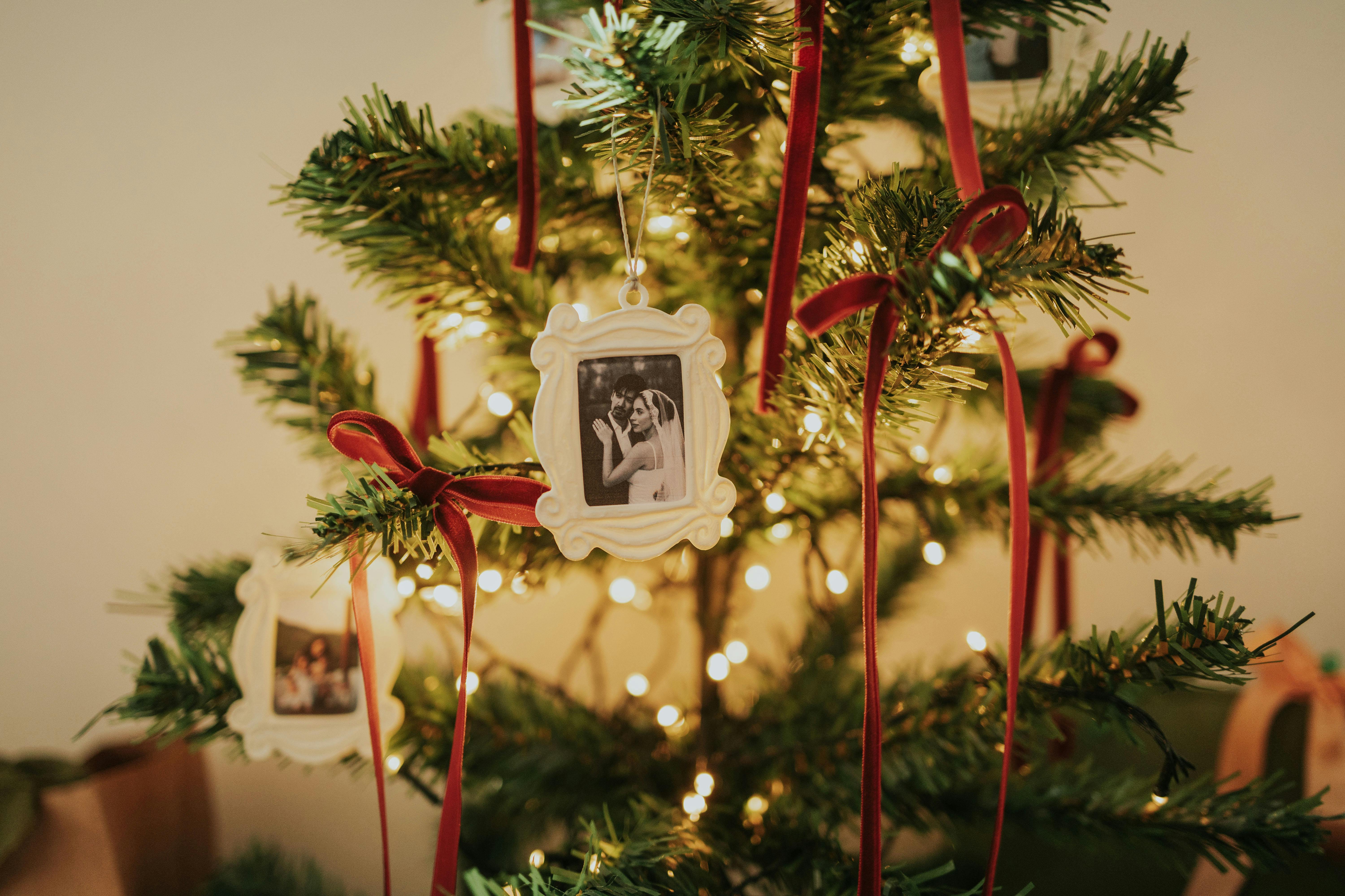 Decorative Christmas tree with photo ornaments and warm lights, creating a festive atmosphere.