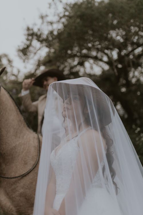 Free Bride under veil with groom on a horse in an outdoor wedding scene, exuding romance and elegance. Stock Photo