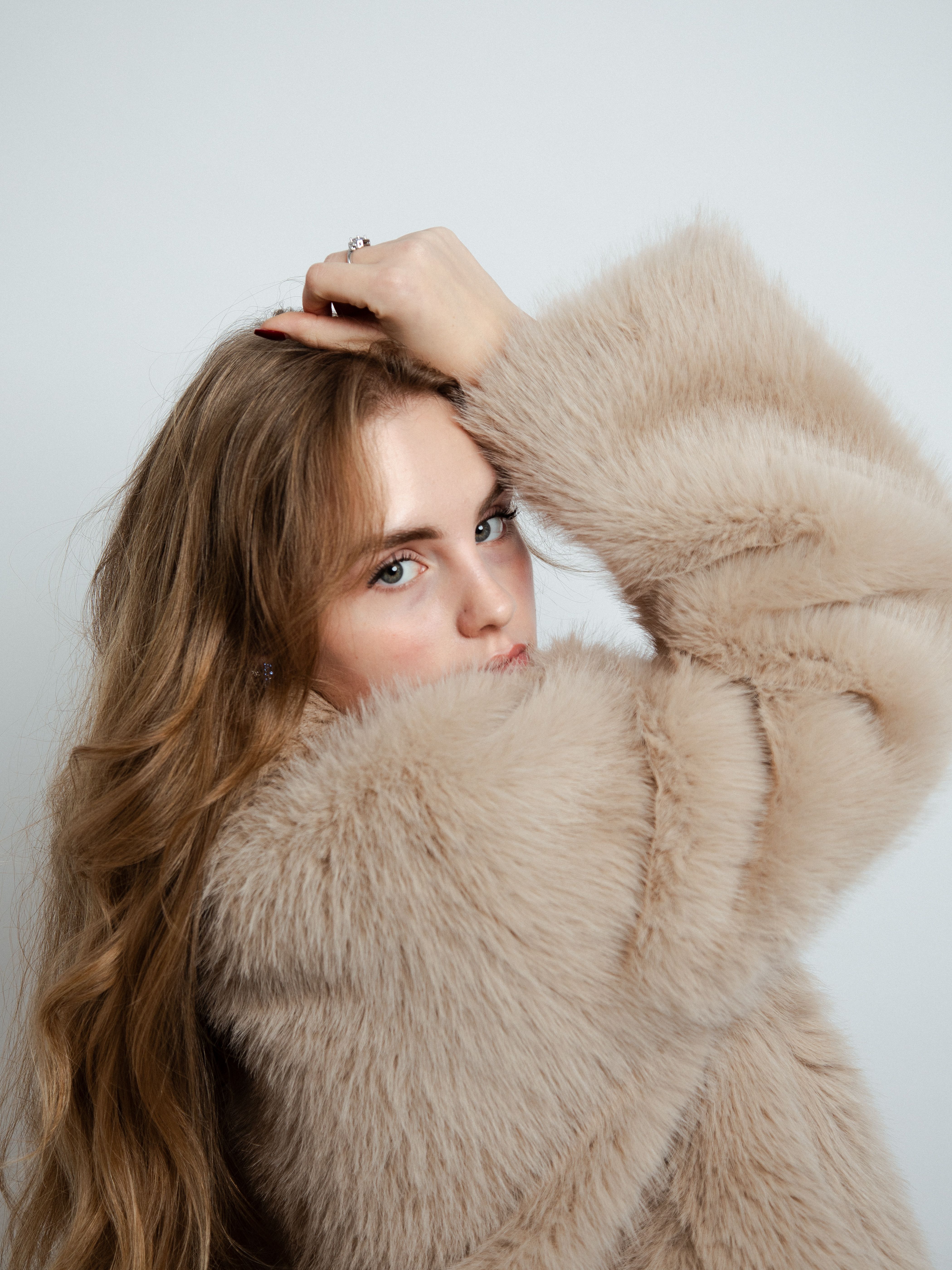 Champagne slip dress with faux fur stole