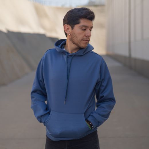 Blue hoodie casual menswear look styled in Pune