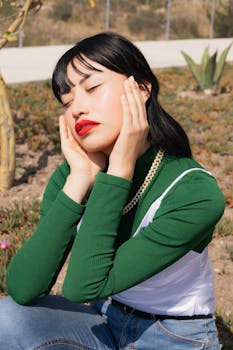Portrait of a woman with red lipstick in natural light, wearing a green sweater outdoors.