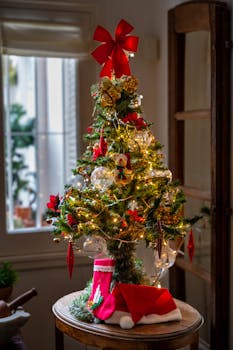 A beautifully decorated Christmas tree with festive ornaments and lights, perfect for holiday cheer.