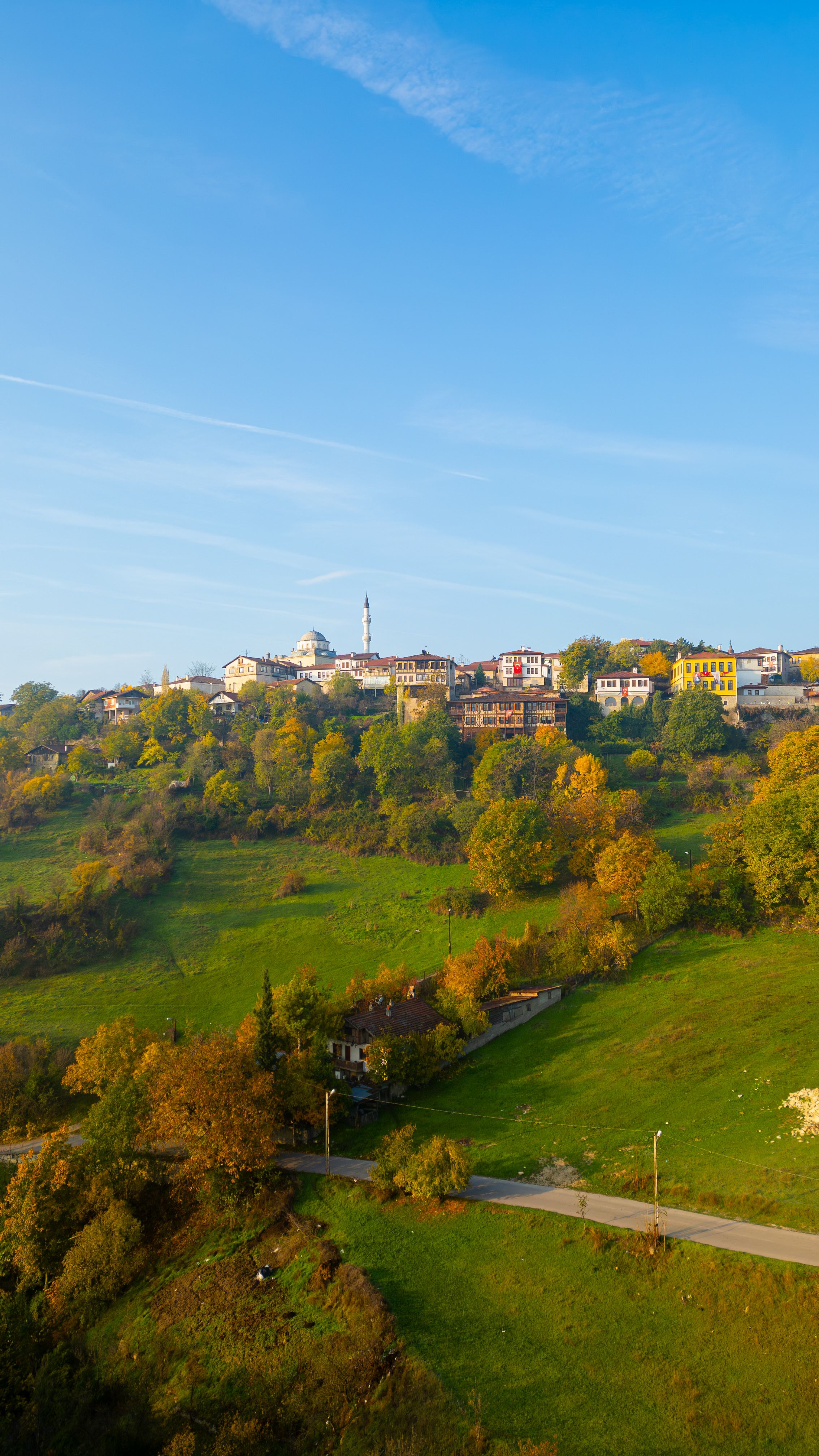 Charming hillside village with colorful houses and autumn foliage under clear blue skies.