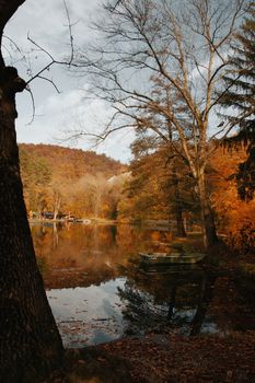 Serene autumn scene in Hungary showcasing calm lake and colorful foliage reflections.