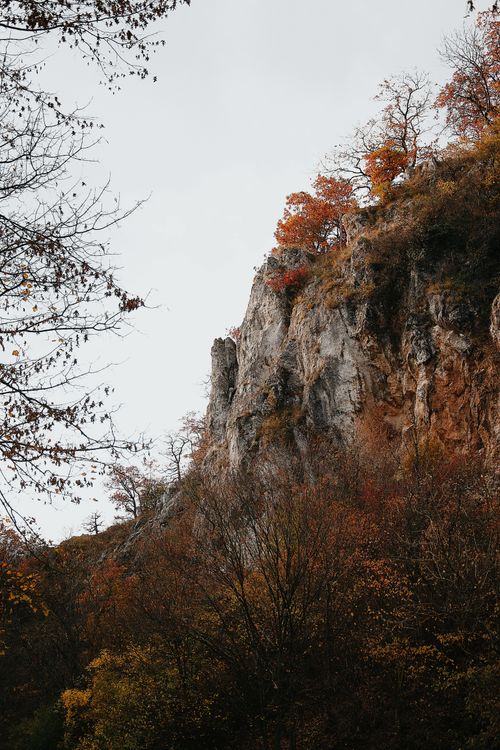 Free Stunning cliff face surrounded by colorful autumn foliage in Hungary, capturing nature's beauty. Stock Photo