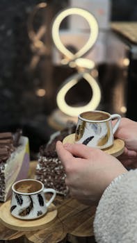 Elegant feather pattern cups with coffee and cake on a wooden tray.