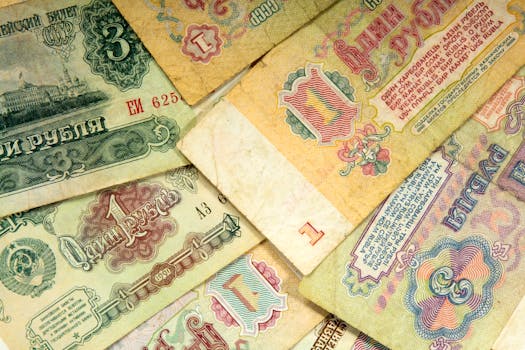 Close-up of vintage Soviet ruble banknotes, showcasing detailed design and history.