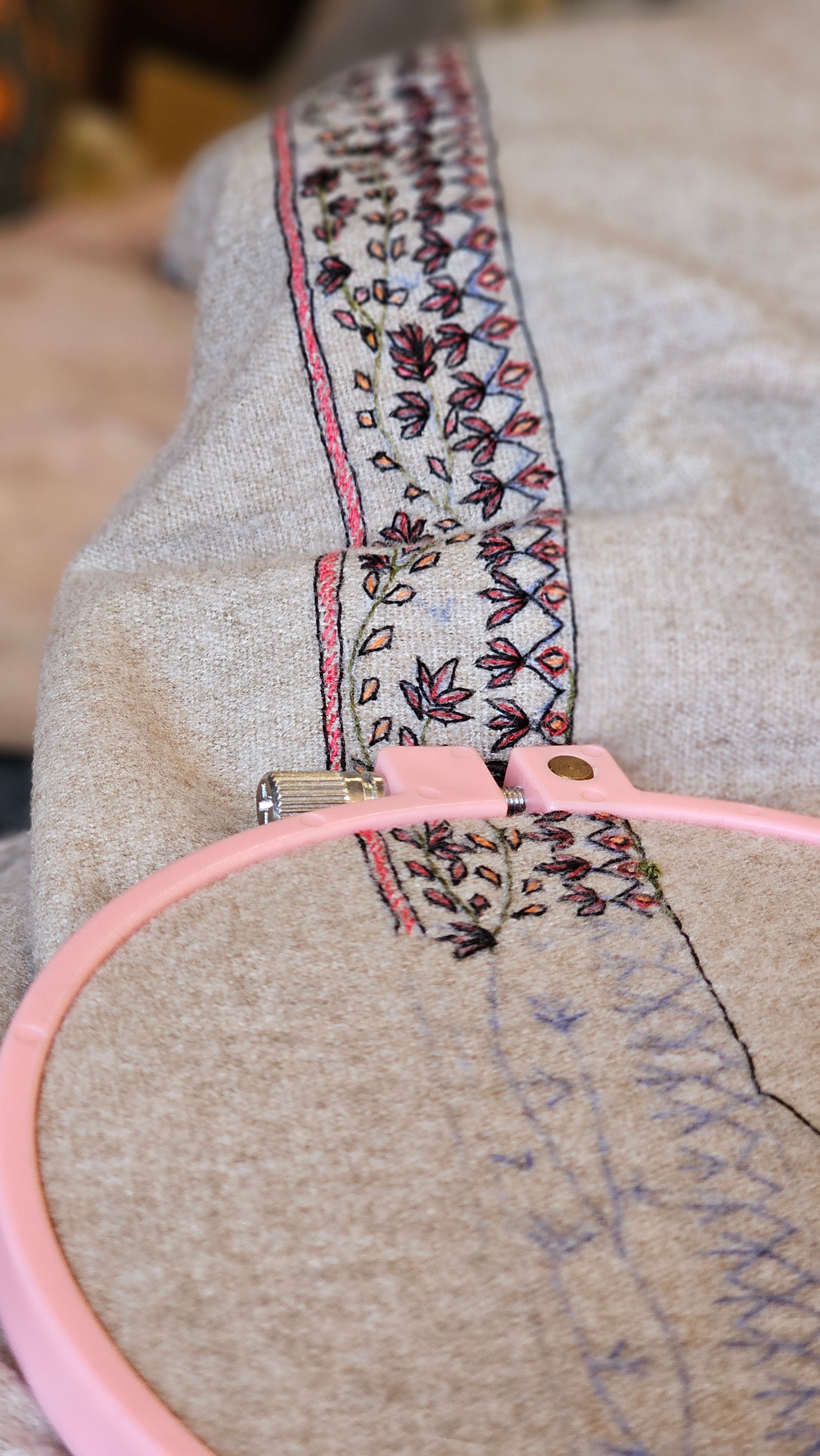 Intricate embroidery on fabric with hoop