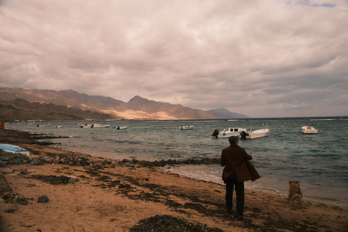 Free A man and dog by a rugged coastline with boats, mountains, and cloudy sky. Stock Photo
