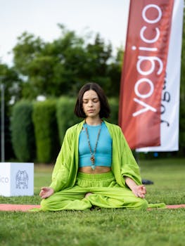 Woman practicing yoga outdoors, meditating in a green park with yoga banner.