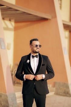 A confident man in a tuxedo and sunglasses stands outdoors against a modern architectural background.