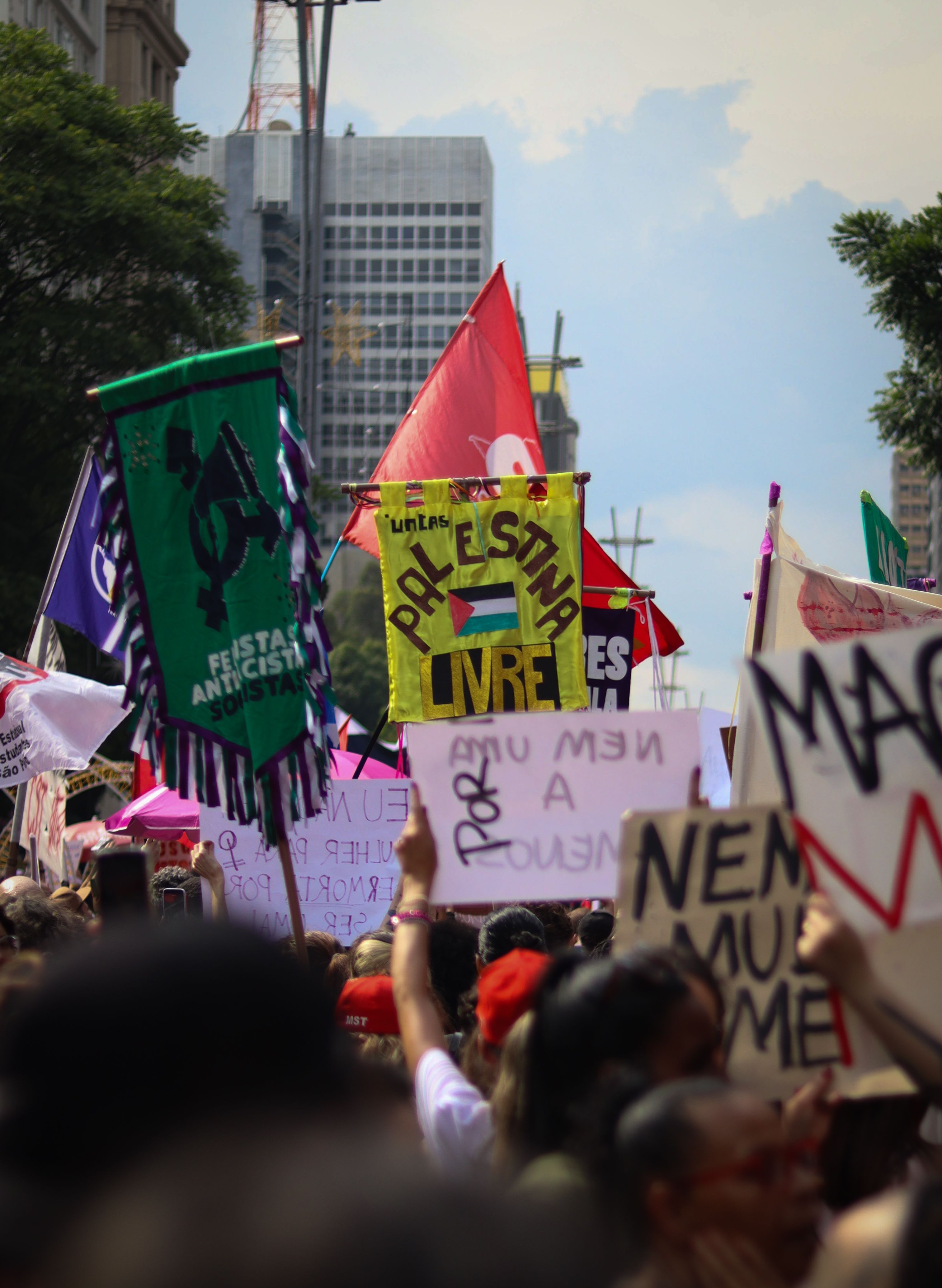 Street Protest with Colorful Flags and Signs · Free Stock Photo